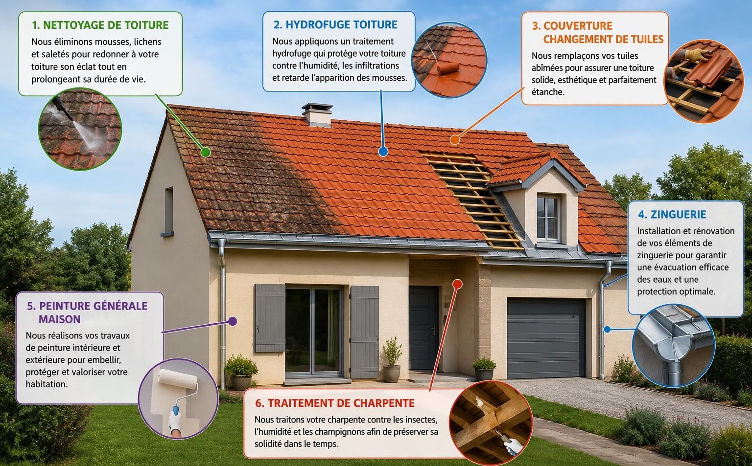 Nos prestations DDJ Renov : nettoyage toiture, hydrofuge, couverture, zinguerie, peinture, traitement charpente